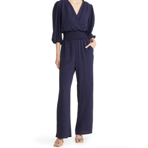 Fraiche By J Jumpsuit Smocked Waist Wide Leg Size Small Navy Surplice Pockets - Picture 1 of 14